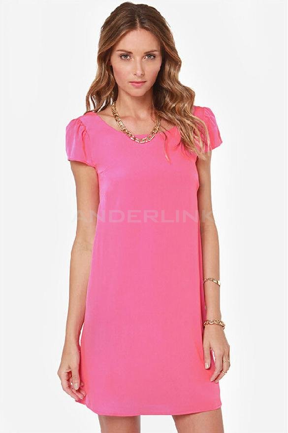 unknown Fashion Girls Summer Solid Color Cute Chiffon Open Back Hollow Puff Short Sleeve Dress
