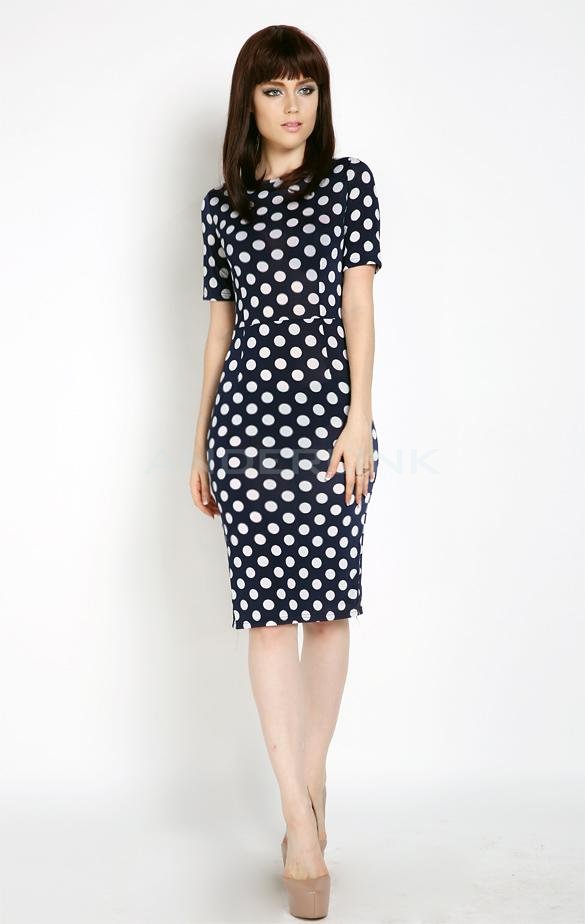 unknown Fashion Women's Polka Dots Pencil Dress Round Neck Half Sleeve Bodycon Stretch Business Spotted Business Party Midi Dress S-XXL