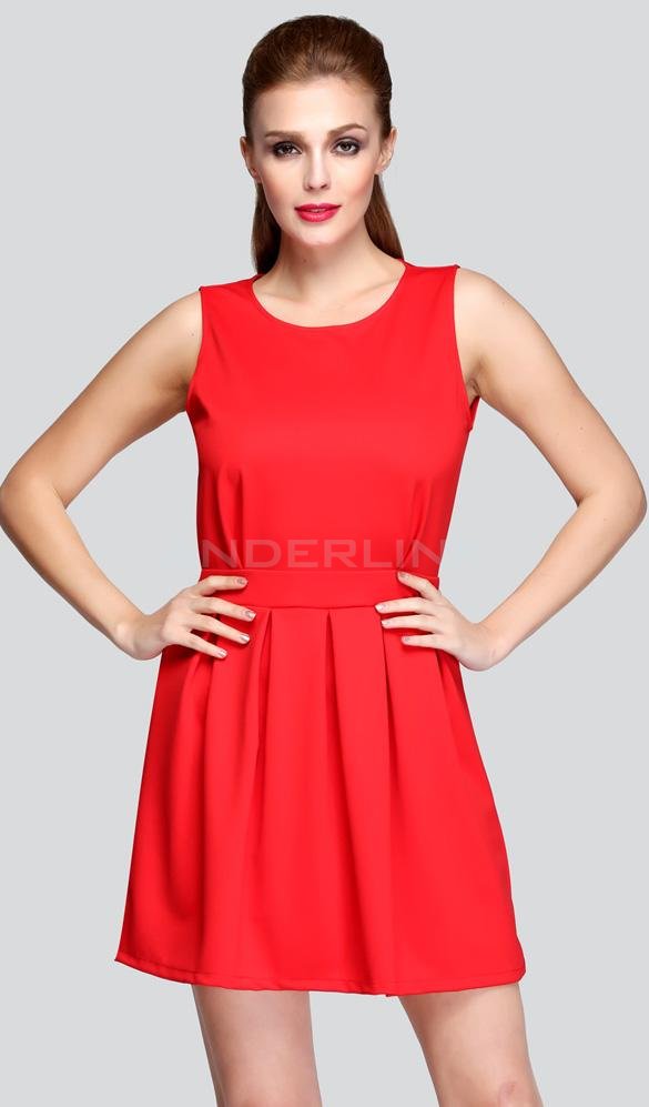 unknown New Fashion Women's Red Sexy Sleeveless Scallop Open Back Pleated Party Mini Dress