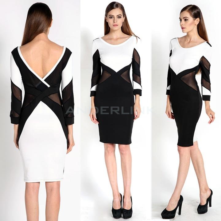 unknown Women's Black& White Contrast Color Sexy Mesh Spliced Clubwear Evening Bodycon Bandage Dress