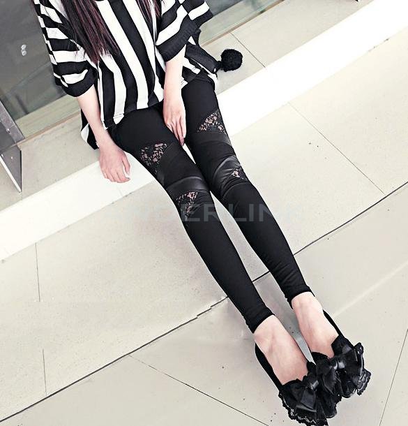 unknown Fashion Womens Synthetic Leather Lace Matching Stretch Skinny Pants Tights Leggings Black