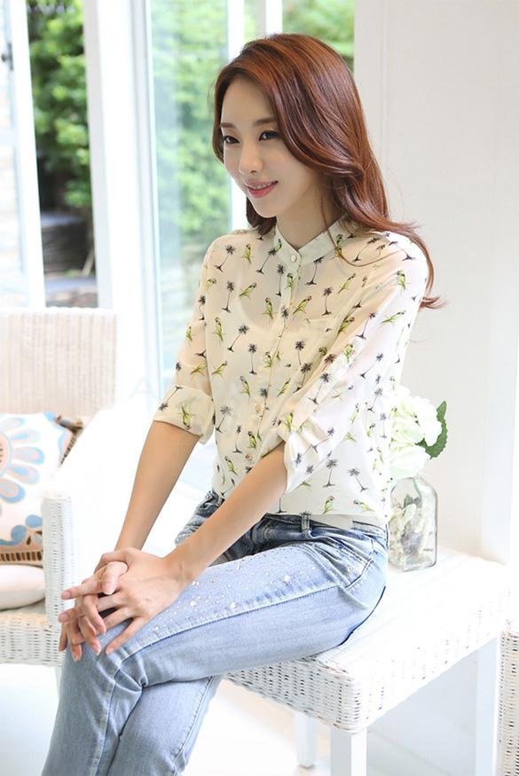 unknown Women's Long-sleeve Bird Print Polka Dots Chiffon Shirts Fashion Slim Blouses Casual Tops