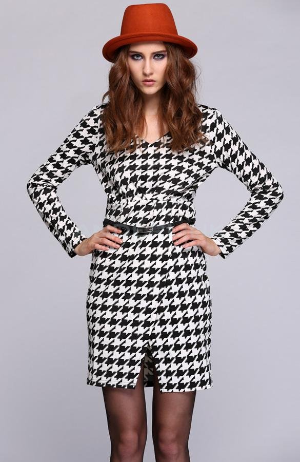 unknown Women's Houndstooth Stretch Tunic Wear To Work Party Pencil Sheath Dress With Belt