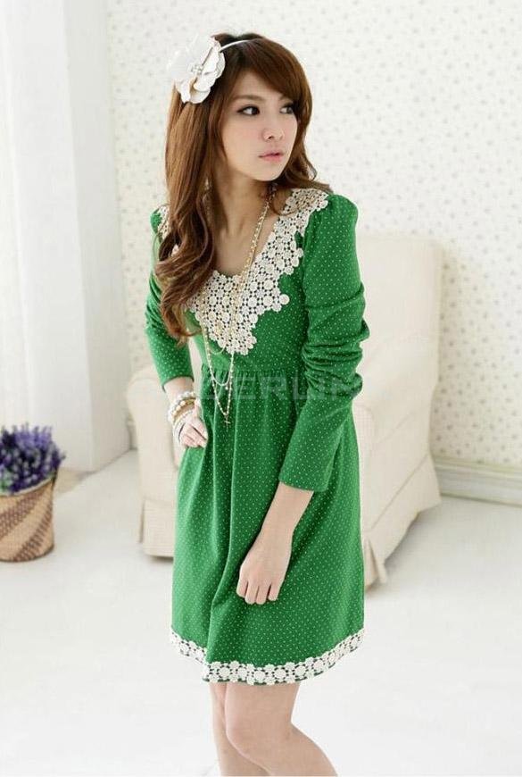 unknown Korean Autumn Winter Polka Dots Patchwork Lace Maternity Dresses Casual Long Sleeve Clothes for pregnant women