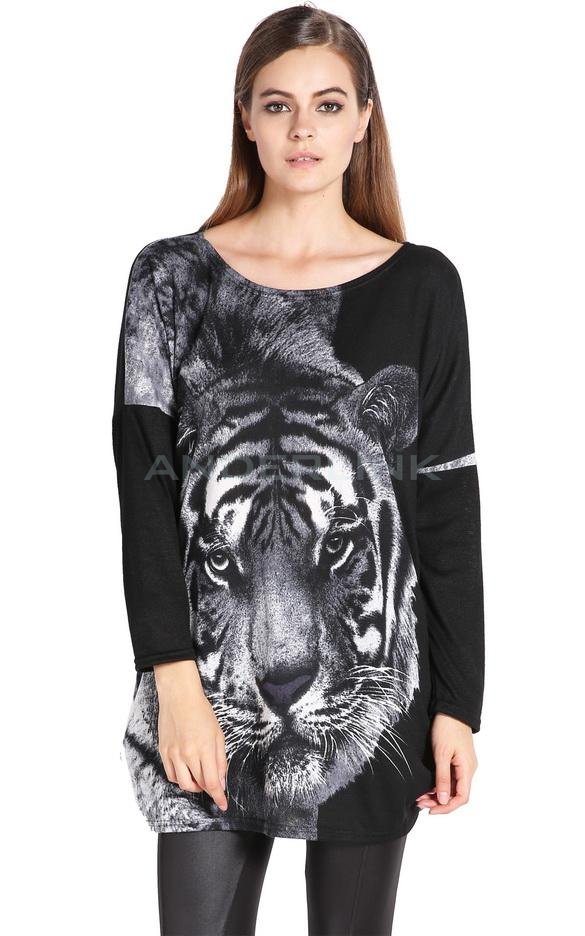 unknown Women's Fashion Long Batwing-sleeve Loose Tiger Pattern Tops Blouse Long T-shirt Dress