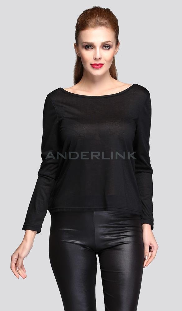 unknown Fashion Sexy Women Black Deep V Backless Long Sleeve Casual T-shirt Tops