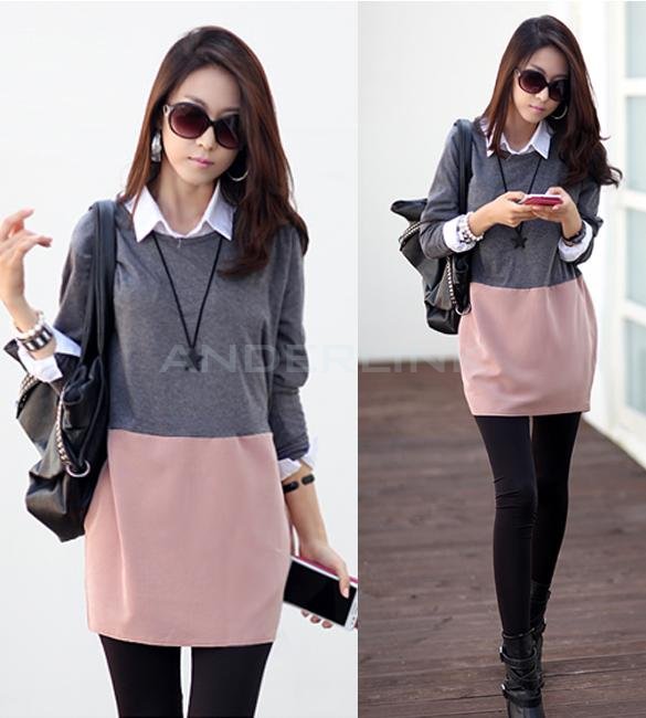 unknown Women's Fashion Patchwork Casual Long Sleeve T shirt Dress Clothing Plus Size Loose Autumn Winter Dress