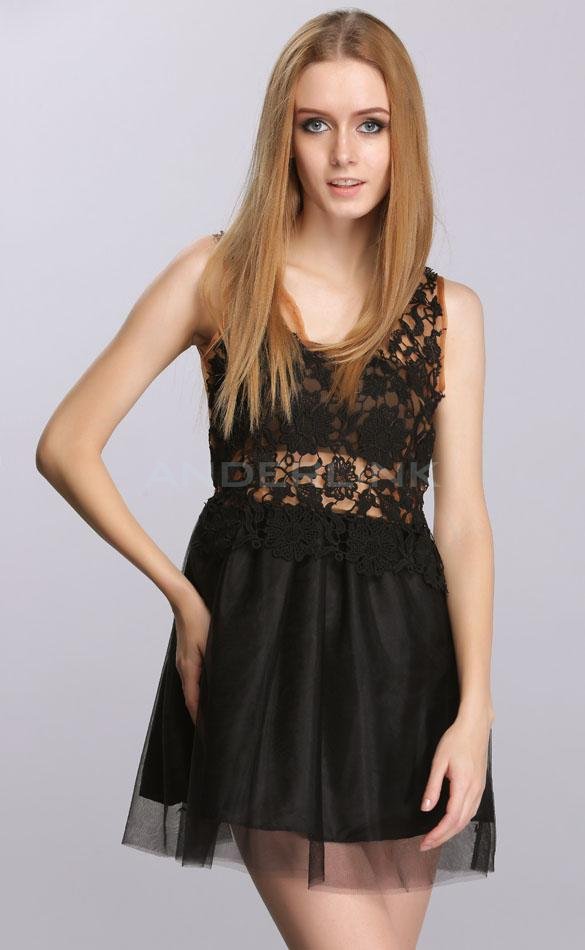 unknown New Women's Fashion Sleeveless O-Neck Sexy Lace Splicing Zipper Dress