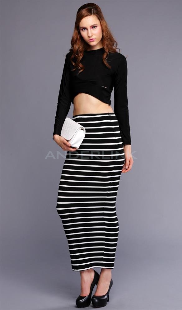 unknown Lady Women's Striped Bodycon Stretch Sexy Dress Long Sleeve Tops Blouse + Long Skirt