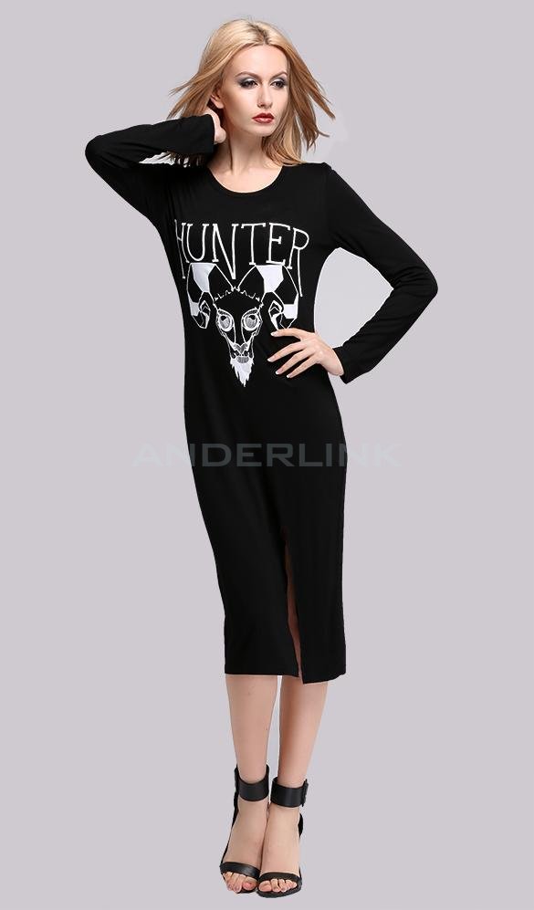 unknown New Lady Women's Fashion Long Sleeve O-Neck Loose Slit Casual Dress