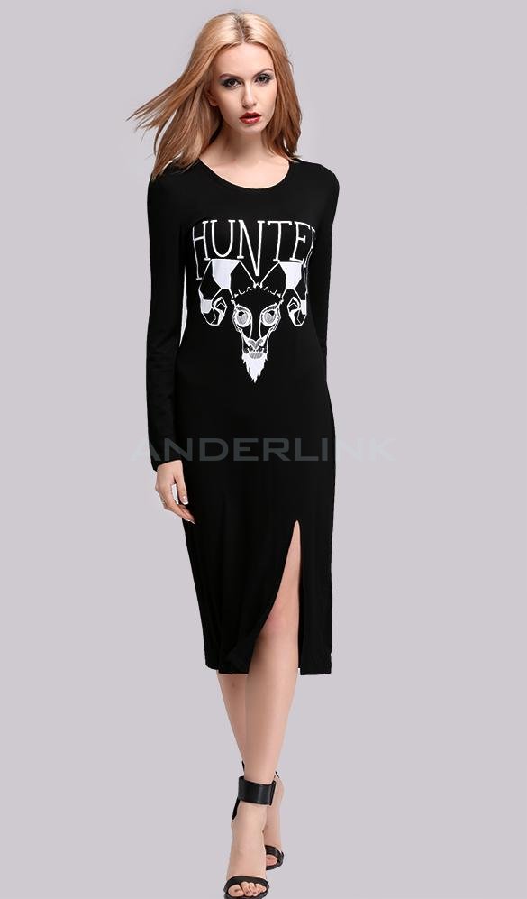 unknown New Lady Women's Fashion Long Sleeve O-Neck Loose Slit Casual Dress
