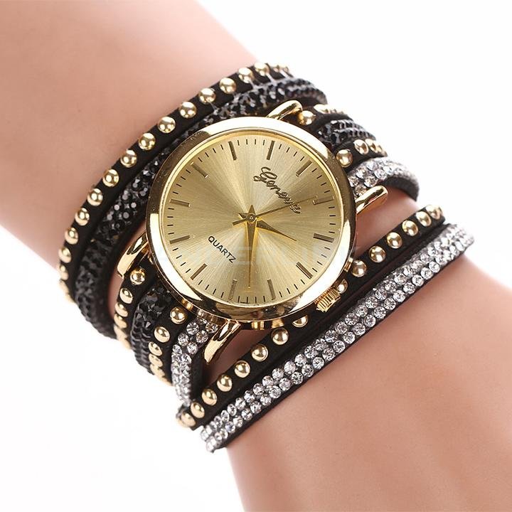 unknown New Fashion Rhinestone Rivet Circle Belt Synthetic Leather Bracelet Watch Wrist Watch