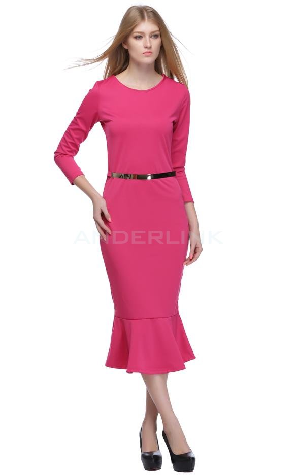 unknown Women's Elegant Long Sleeve Work Cocktail Party Mermaid Pencil Midi Dress