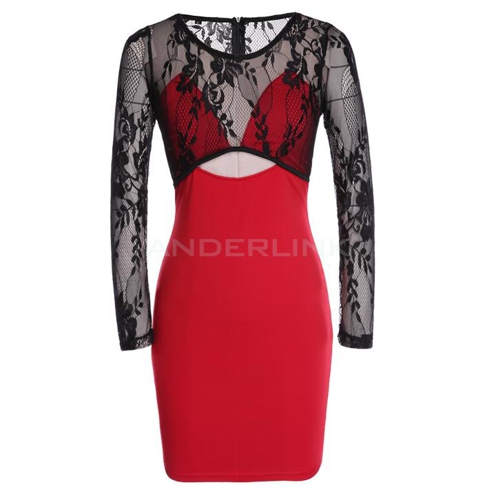 unknown New Stylish Women's Ladies O-Neck Long Sleeve Sexy Hollow Out Mesh Slim Fitting Dress