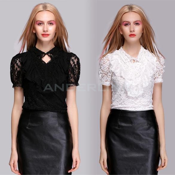 unknown New Women's Ladies Fashion Short Sleeve Beading Lace Bodycon Shirt Blouse Tops