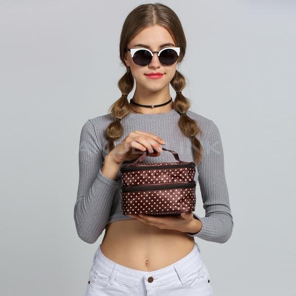 unknown New Women's Fashion Portable Double-Deck Toiletry Bag Dot Pattern Makeup Bag