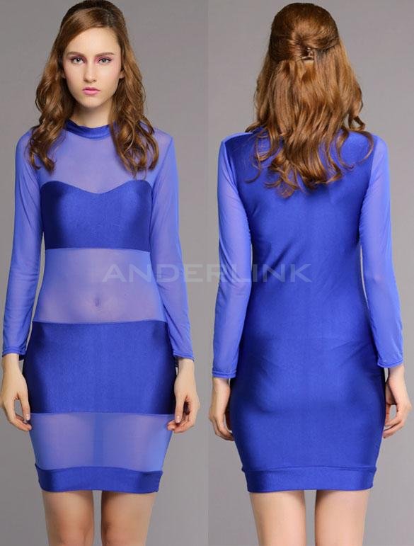 unknown New Fashion Womens Sexy Net Yarn Patchwork Blue Bodycon Dress Party Evening Dress Clubwear