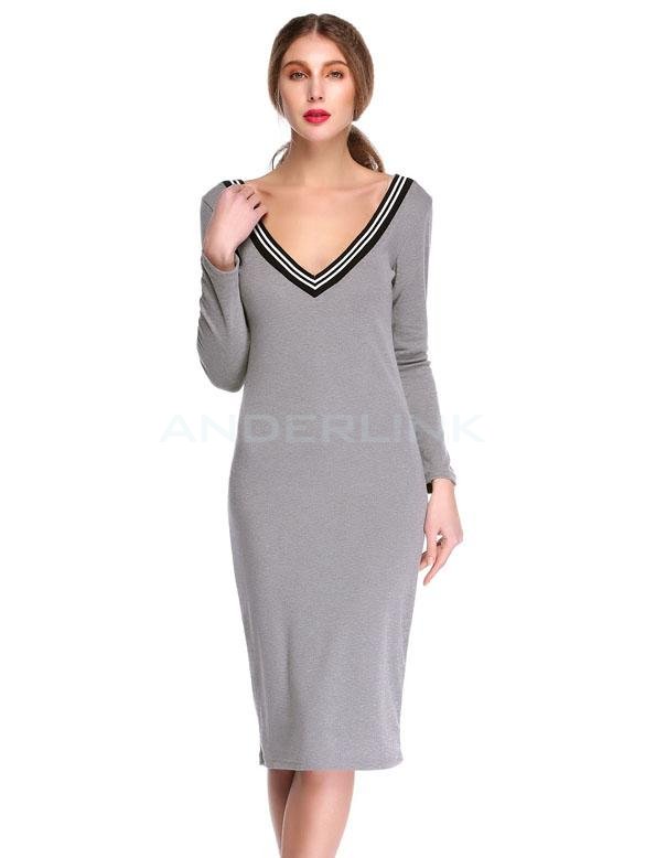 unknown Lady Women's Casual Fashion Long Sleeve V-neck Dress Sexy Stretch Bodycon Long Dress
