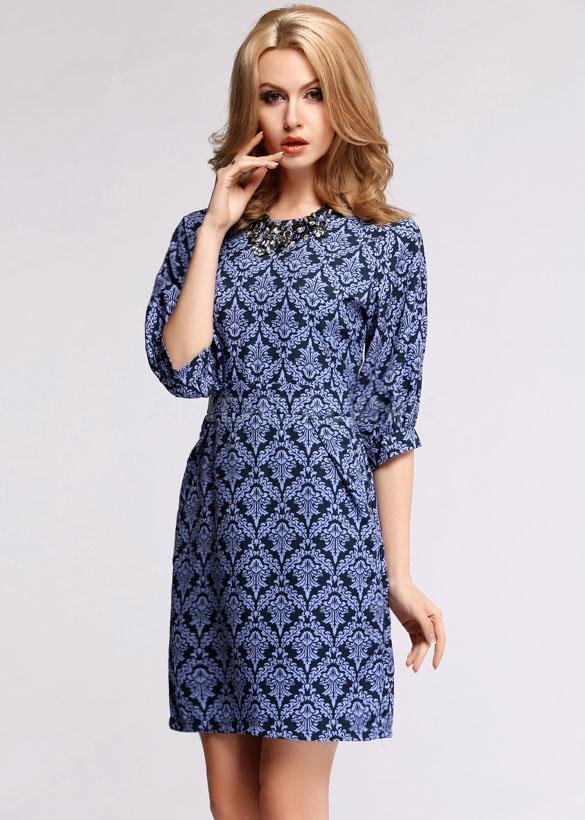 New Fashion Women's Half Sleeve Blue Floral Print Elegant Casual Work Wear Dress