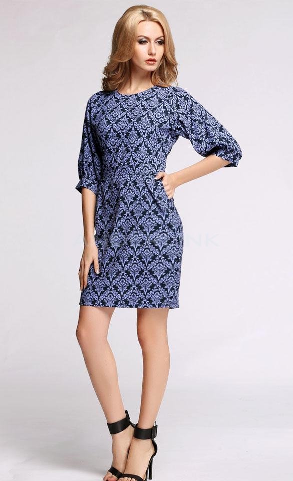 New Fashion Women's Half Sleeve Blue Floral Print Elegant Casual Work Wear Dress