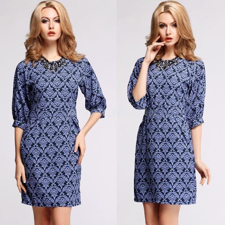 unknown New Fashion Women's Half Sleeve Blue Floral Print Elegant Casual Work Wear Dress