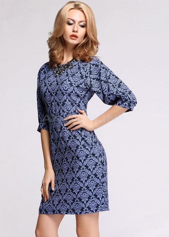 unknown New Fashion Women's Half Sleeve Blue Floral Print Elegant Casual Work Wear Dress