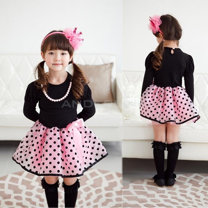 unknown New Girls Fashion Long Sleeve O-Neck Cute Polka Dot & Grid Pattern Dress