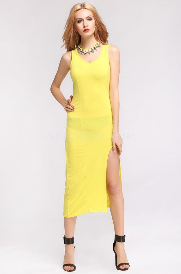 unknown Fashion Lady's Sleeveless O-Neck Casual Slim-fitting Bodycon Long Dress
