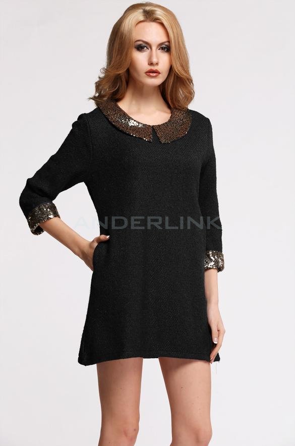 unknown New Stylish Lady Fashion 3/4 Sleeve Paillette Sequins Loose Doll Collar Dress