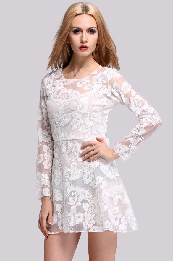 New Fashion Women Elegant Lace Floral Ladies Slim Sweet Long Sleeve Casual Party Dress
