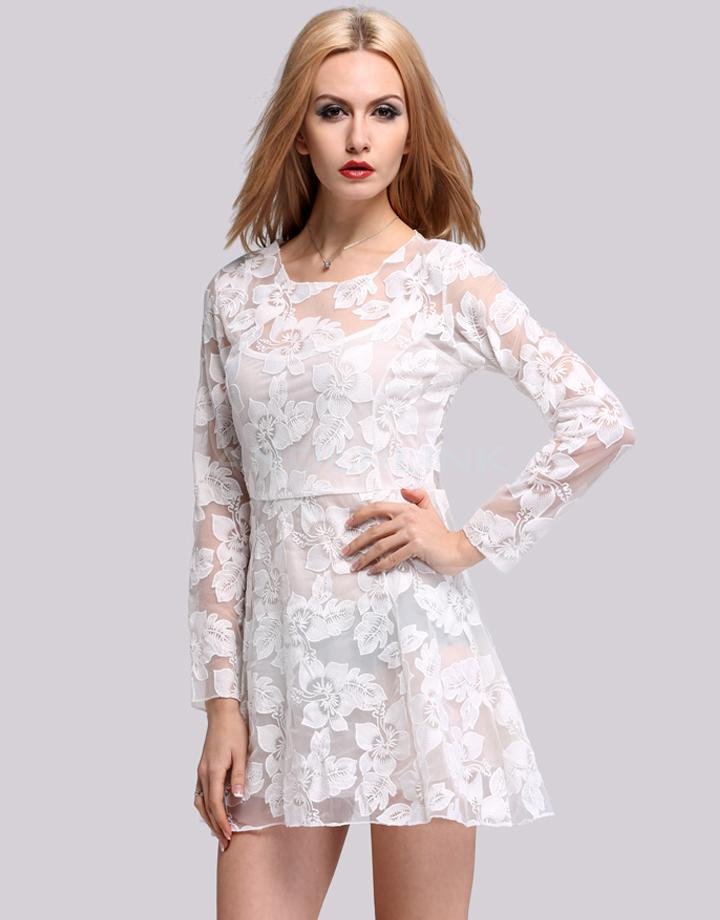 unknown New Fashion Women Elegant Lace Floral Ladies Slim Sweet Long Sleeve Casual Party Dress