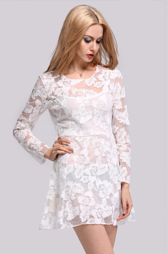 New Fashion Women Elegant Lace Floral Ladies Slim Sweet Long Sleeve Casual Party Dress