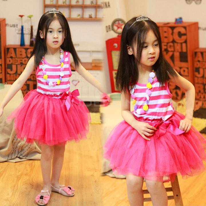 unknown New Kids Girl's Sleeveless Stripe Pattern Bowknot Cute Tulle Party Dress Sundress