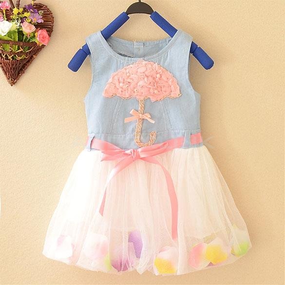 unknown Baby Kids Children Girl's Wear Sleeveless Umbrella Printed Petals Decoration Button Dress