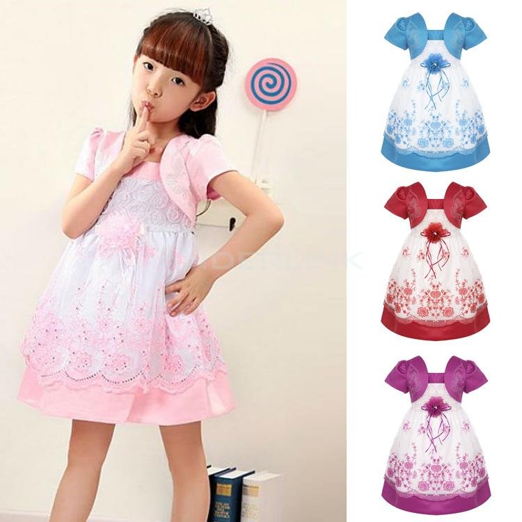 Baby Girl Kids Children Sweet Slash Neck Cap Sleeve Patchwork Floral Sequined Bubble Dress