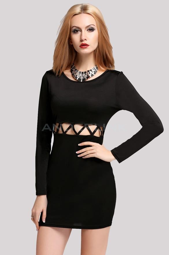 New Fashion Stylish Lady Women's Party Clubwear Pierced Long Sleeve O-neck Dress