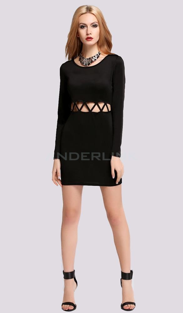New Fashion Stylish Lady Women's Party Clubwear Pierced Long Sleeve O-neck Dress