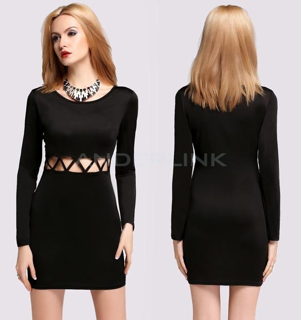 New Fashion Stylish Lady Women's Party Clubwear Pierced Long Sleeve O-neck Dress