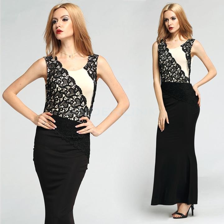 unknown New Fashion Women's Sleeveless Black Lace Patchwork Prom Bridesmaid Cocktail Evening Party Long Maxi Dress