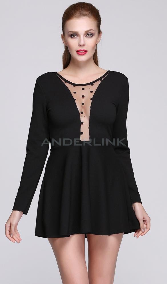 unknown New Style Fashion Lady Women's Party Backless Mesh Splicing Long Sleeve Sexy Elegant Dress