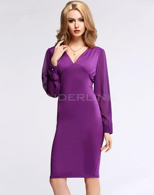 unknown New Fashion Women's Long Sleeve V Neck Chiffon Patchwork Casual Party Pencil Dress