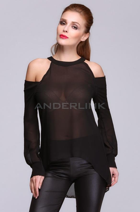 unknown Stylish Sexy Women's Black Chiffon Off-shoulder Loose Casual Shirts Blouse Tops