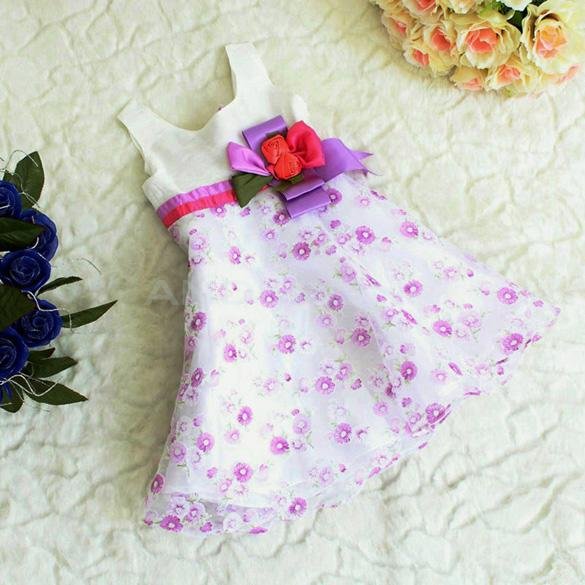unknown Korean Girls Bowknot Print Organza Princess Dress Sleeveless Dress