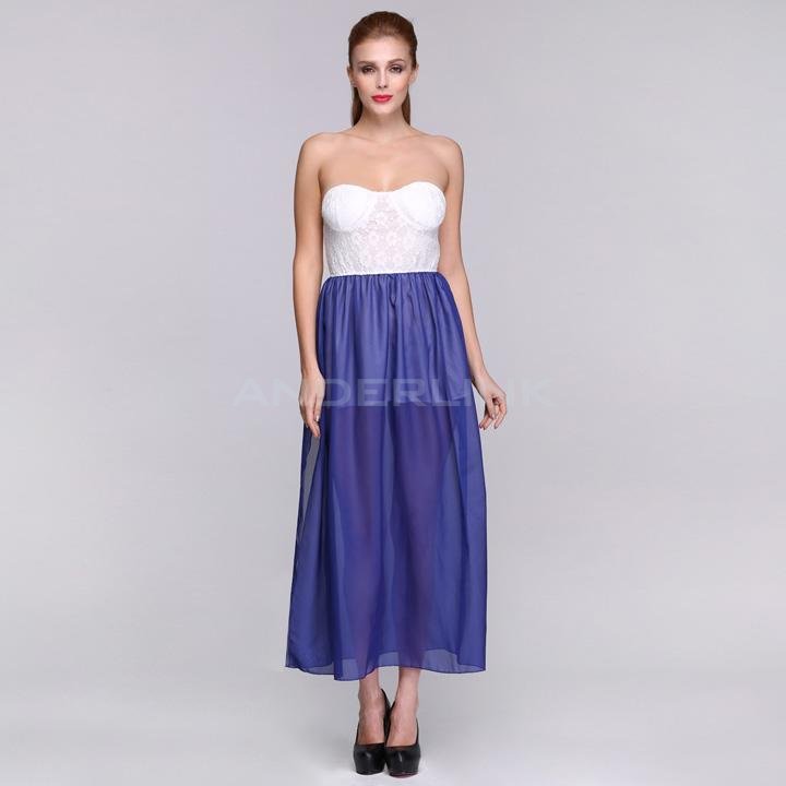 unknown New Women Ladies Strapless Padded Dresses Slim Fitting Sexy Cocktail Party Prom Gown Chiffon Splice Evening Dress