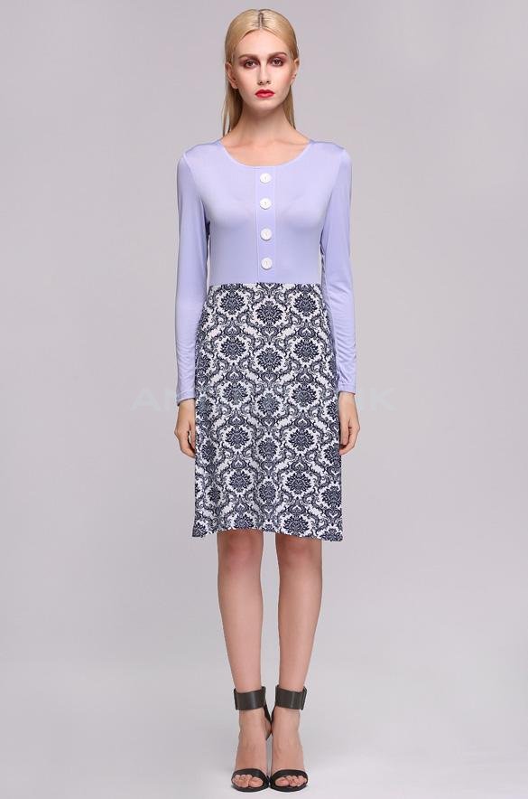 Stylish Lady Long Sleeve O-neck Button Flower Fashion Short Dress