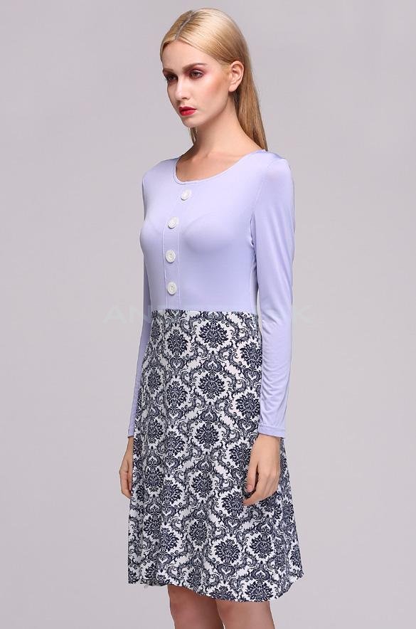 Stylish Lady Long Sleeve O-neck Button Flower Fashion Short Dress