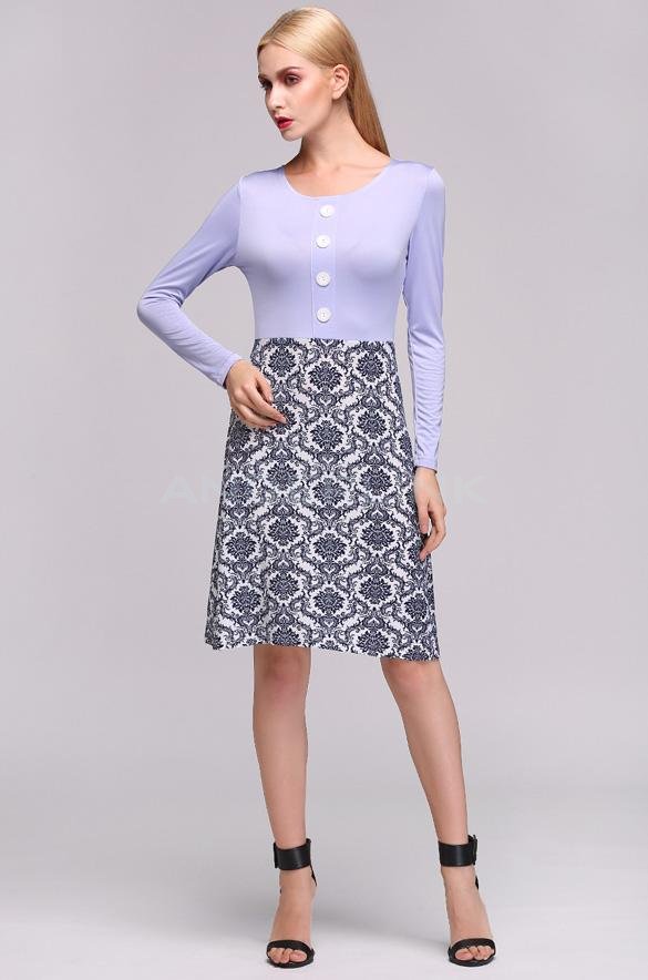 Stylish Lady Long Sleeve O-neck Button Flower Fashion Short Dress