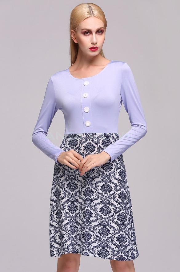 Stylish Lady Long Sleeve O-neck Button Flower Fashion Short Dress