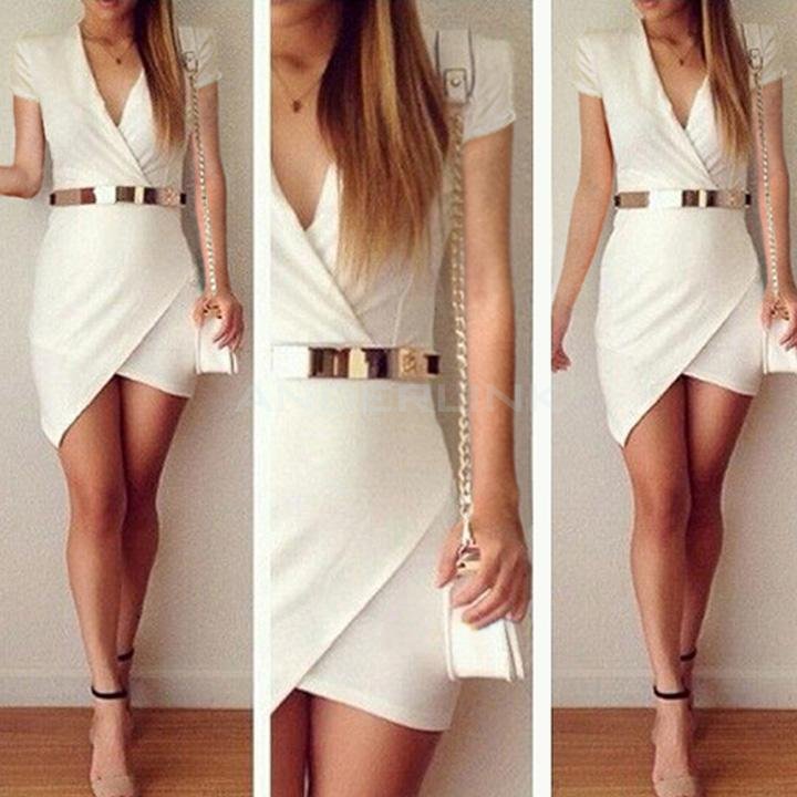 unknown Women Fashion Short Sleeve Ladies Asymmetric Casual Dress White Elegant Dresses Bodycon Pencil Short Mini Dress