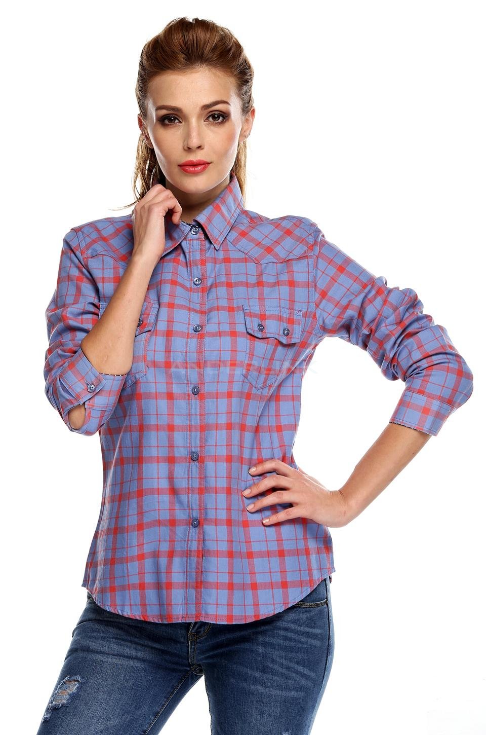 unknown Stylish New Fashion Lady Women's Plaid Long Sleeve Lapel Top Blouse Shirt